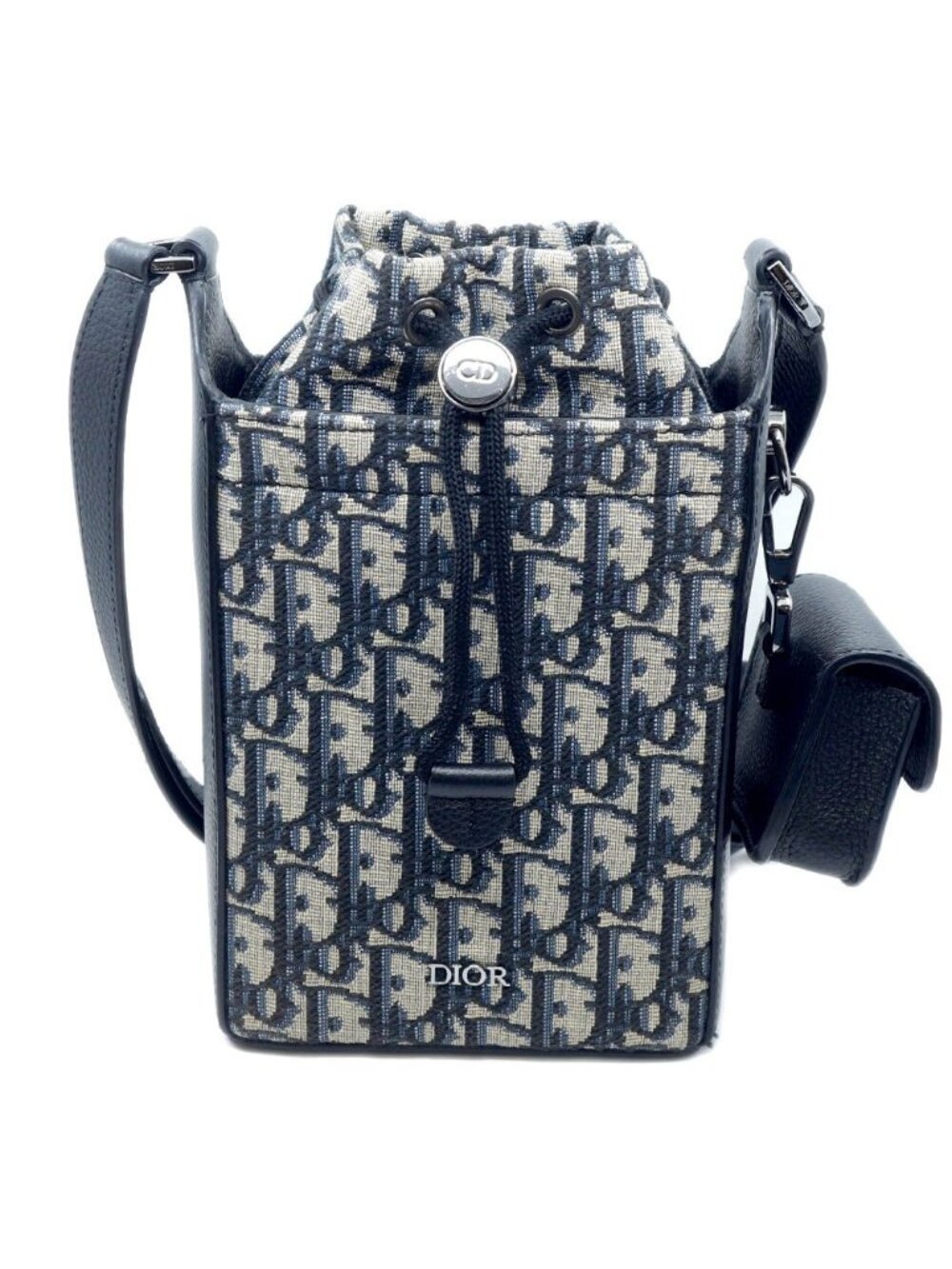 Dior Oblique Bucket Navy Black Leather Jacquard Silver Shoulder Bag